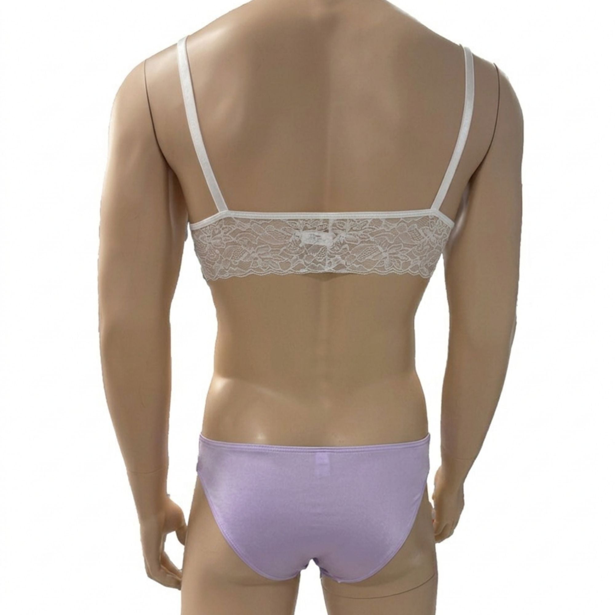Mens Jackie & Lace Bra Top and Seamless Front Brief Lilac & White Lace