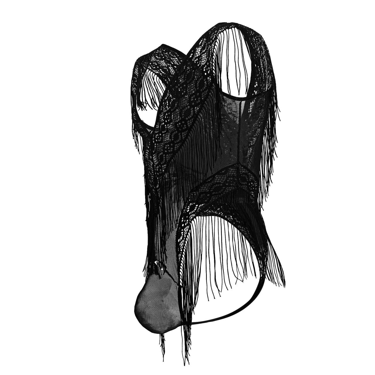 CandyMan 99865 Mens Sexy Lace-Mesh Bodysuit with Fringe Black