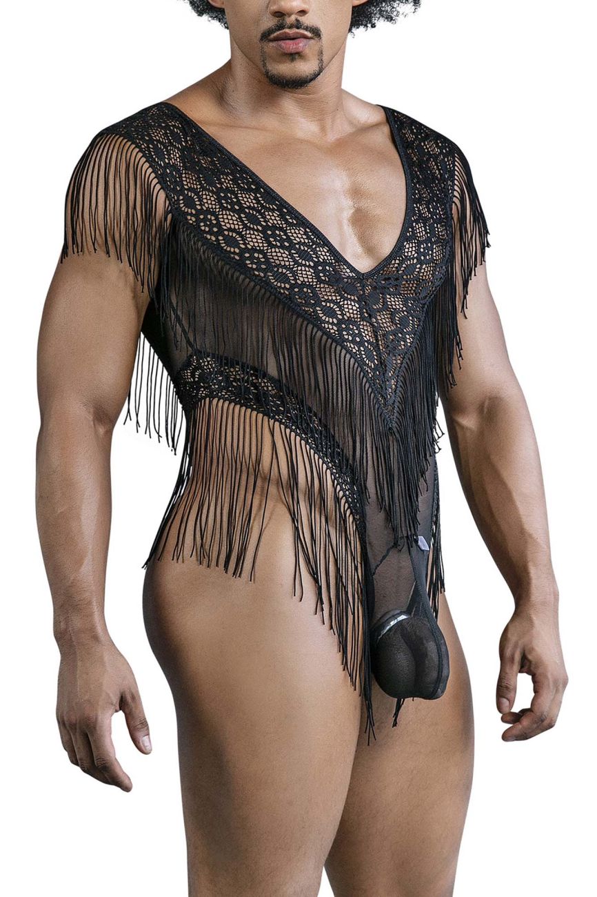 CandyMan 99865 Mens Sexy Lace-Mesh Bodysuit with Fringe Black