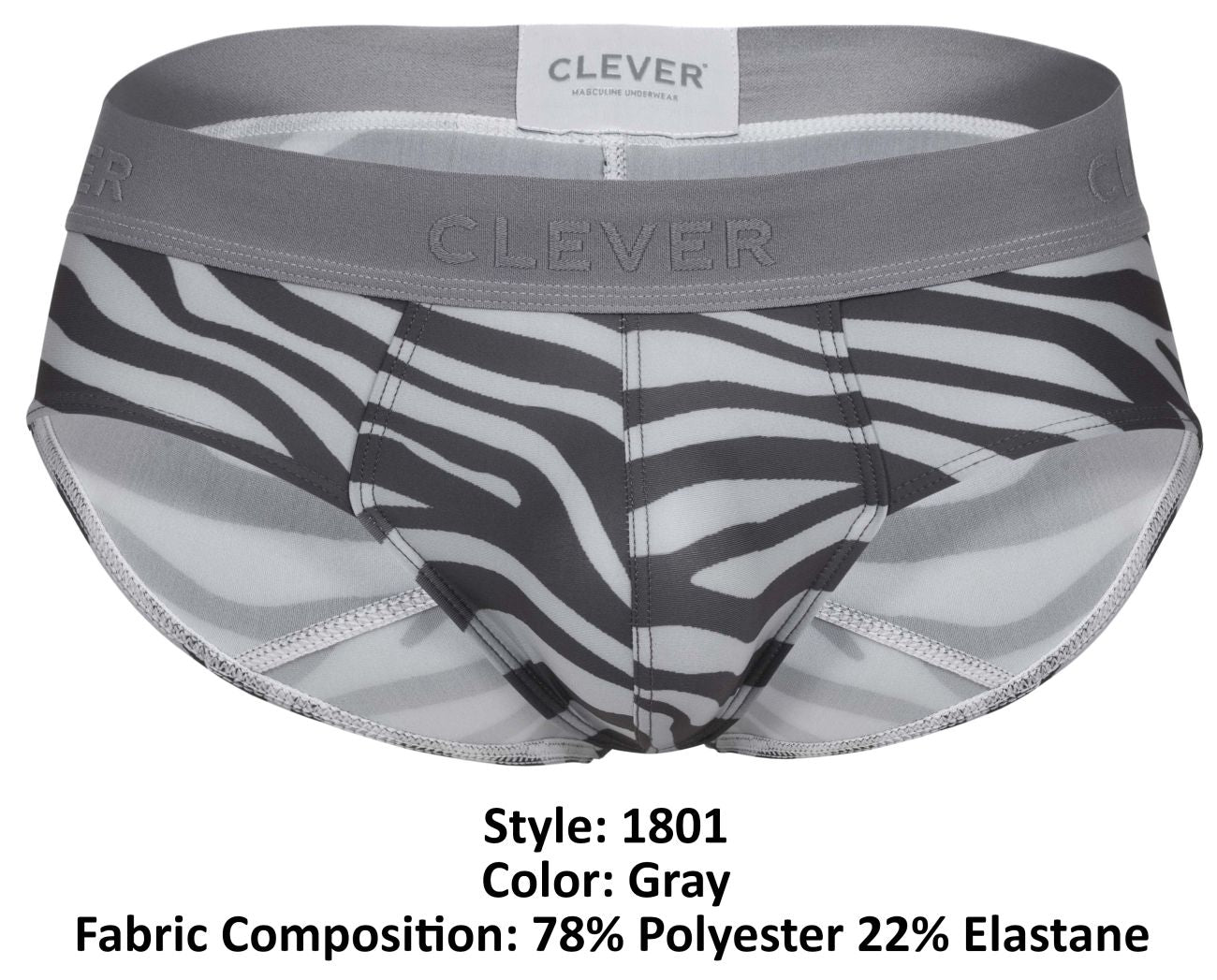 Clever 1801 Cebra Mens Zebra Animal Print Briefs Gray