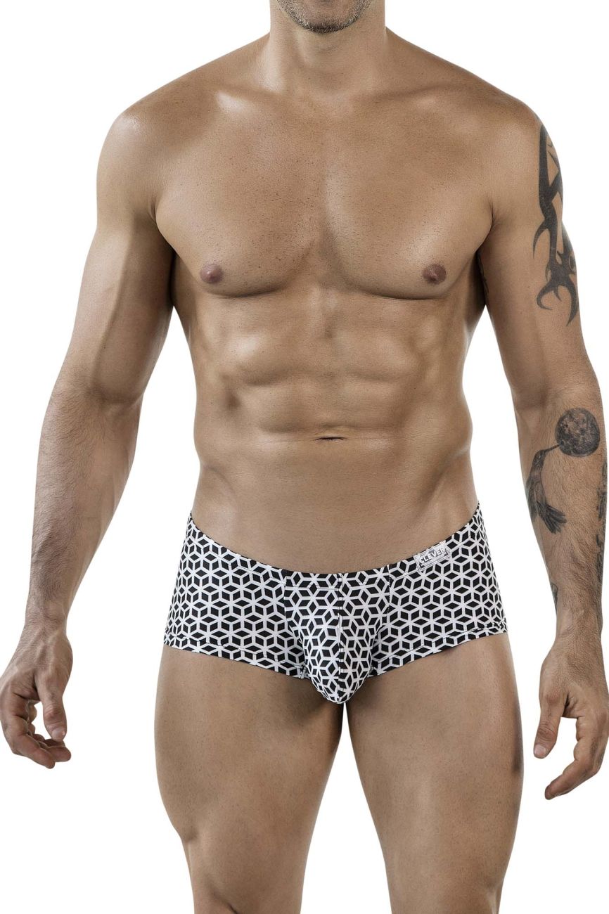 Clever 1856 Mens Cuadricula Sleek Low Rise Trunks White Geometric