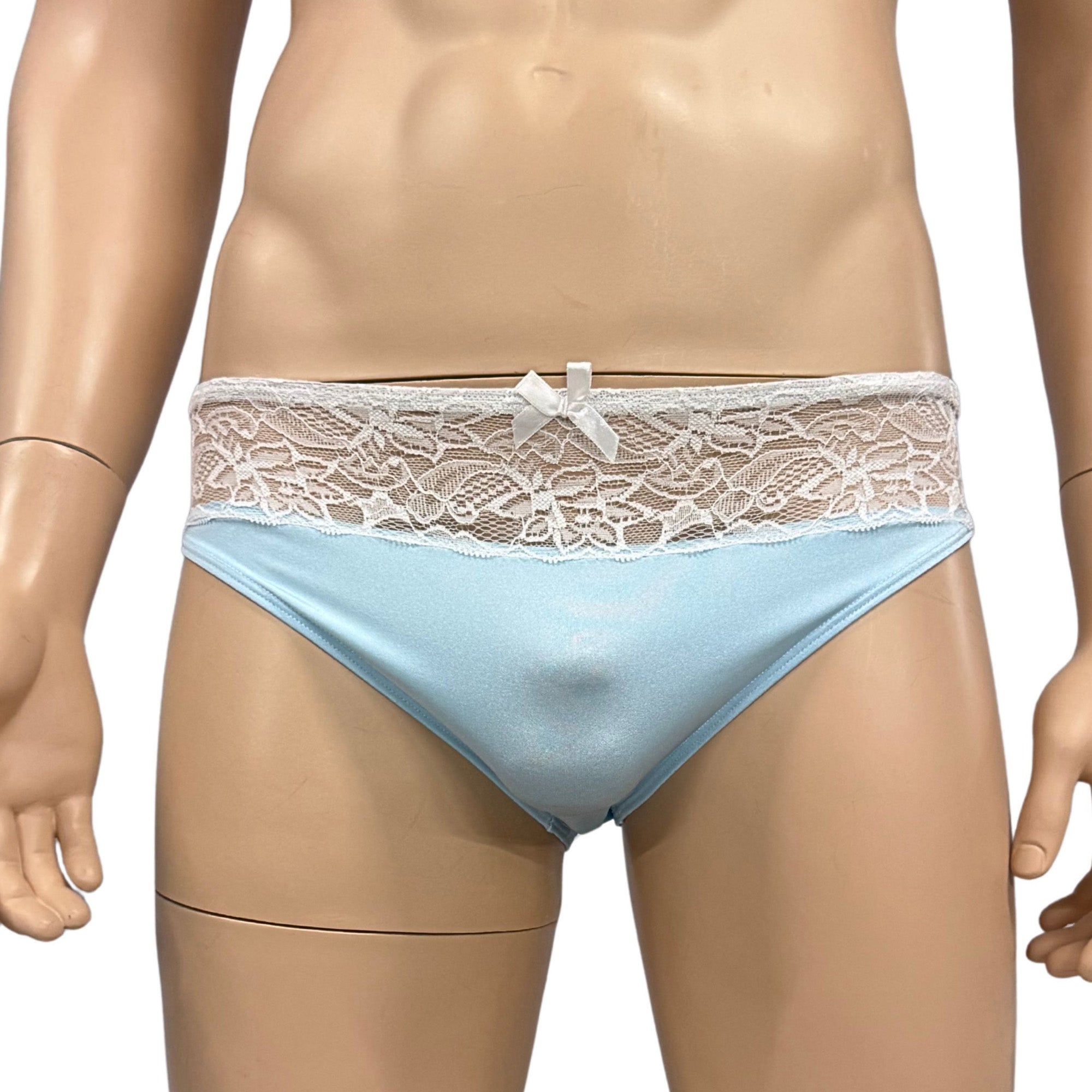 Mens Jackie Stretch Spandex Seamless Front Bikini Brief (light blue & white lace plus other colours)