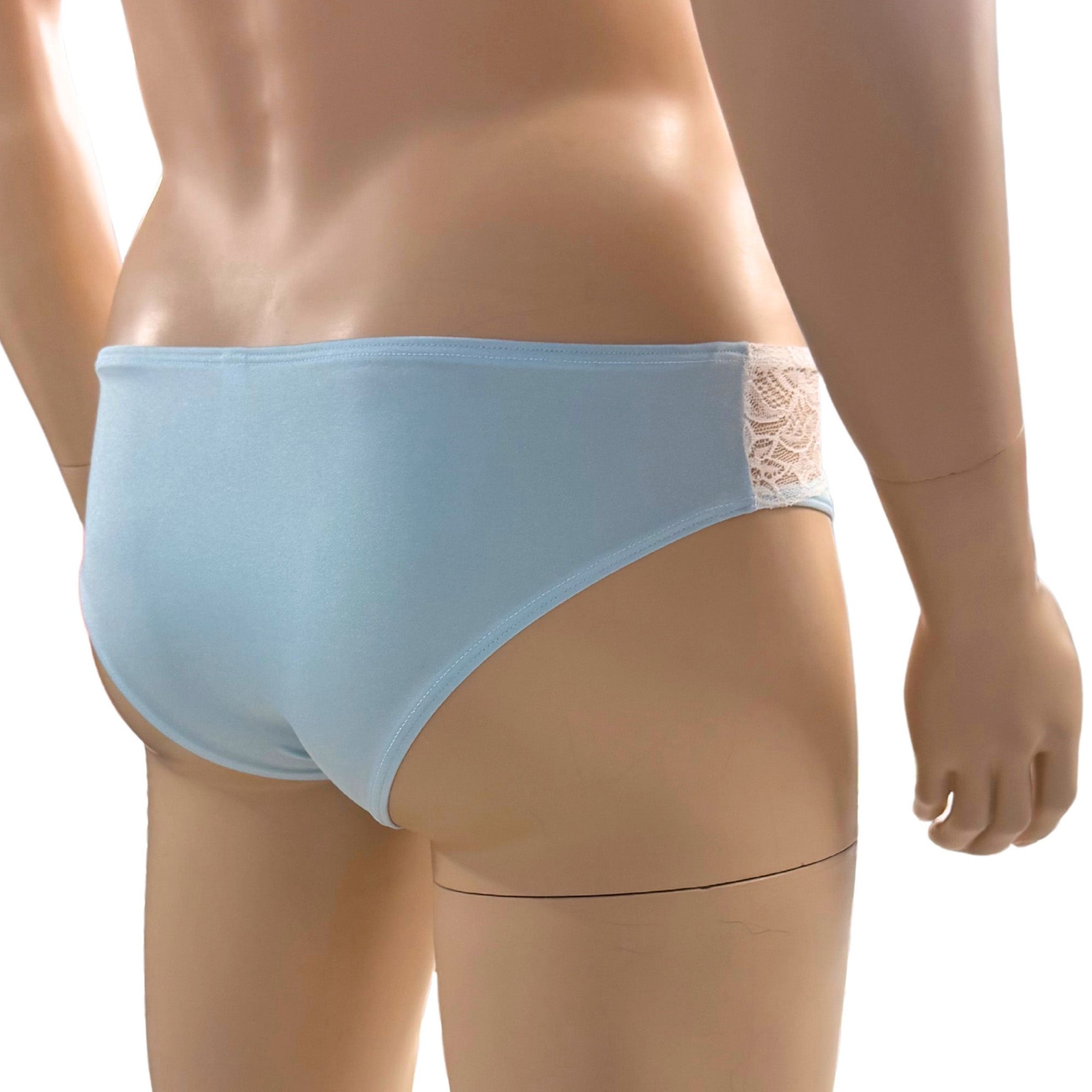 Mens Jackie Stretch Spandex Seamless Front Bikini Brief (light blue & white lace plus other colours)