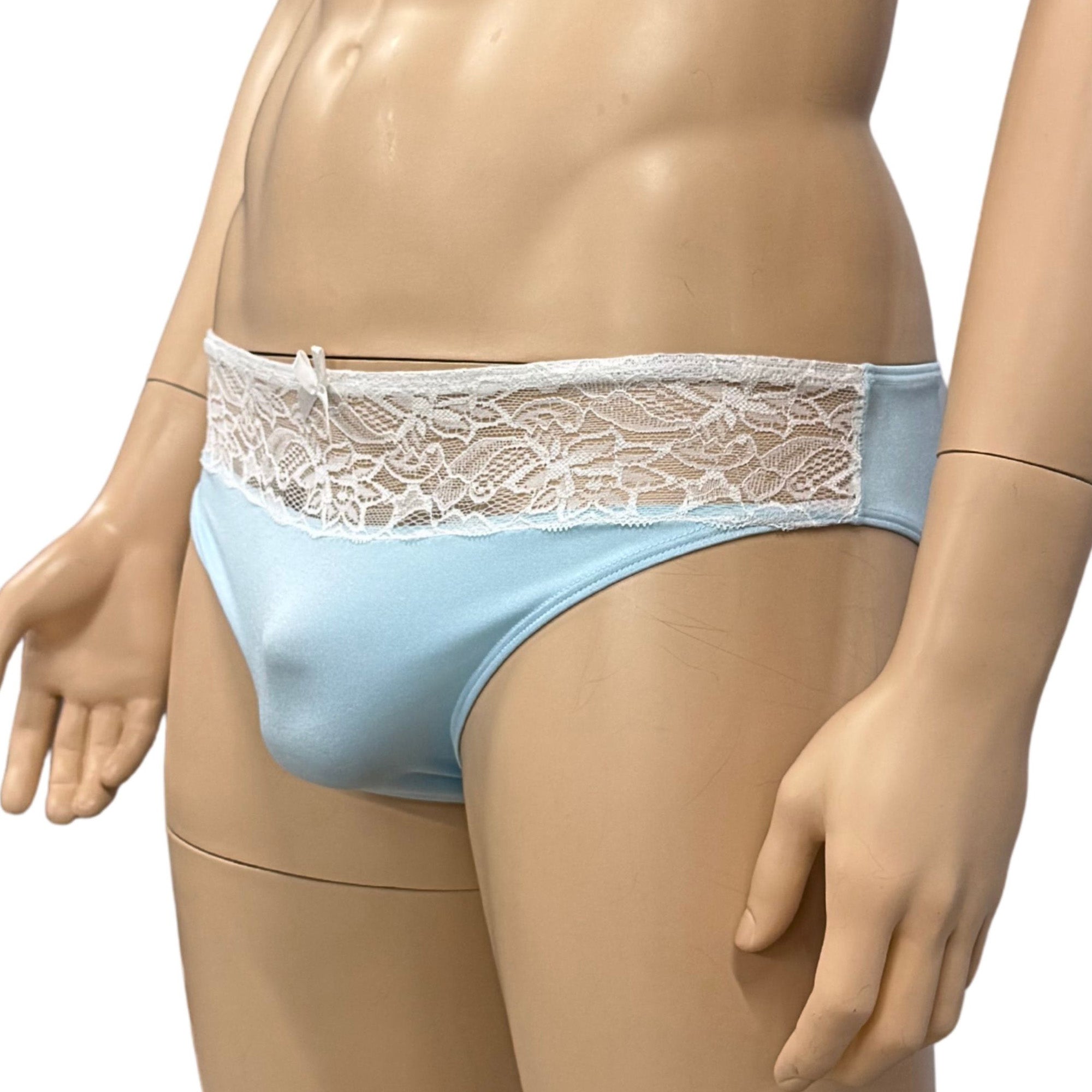 Mens Jackie Stretch Spandex Seamless Front Bikini Brief (light blue & white lace plus other colours)