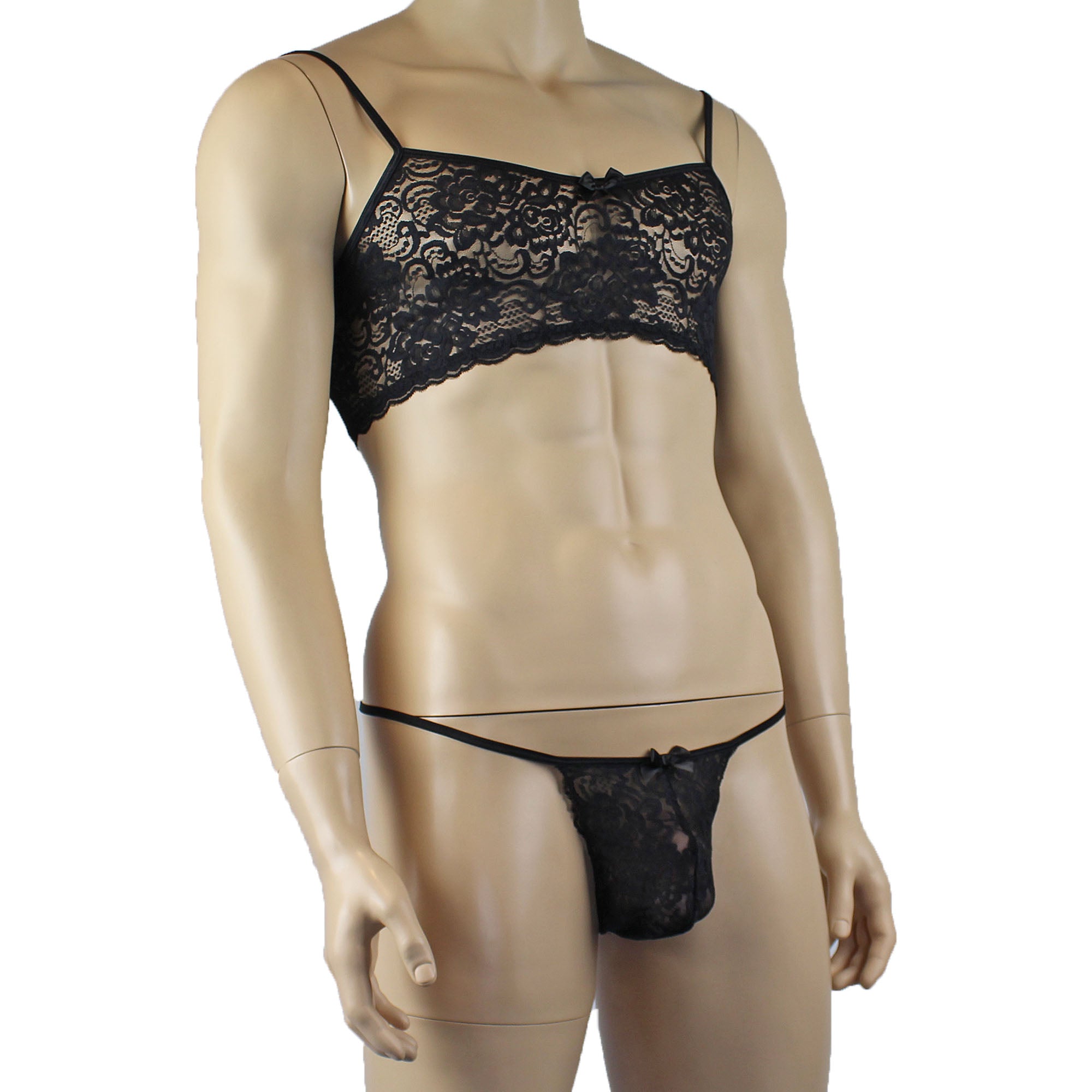 Mens Rebecca Pretty Floral Lingerie Lace Bra Top with G string Black