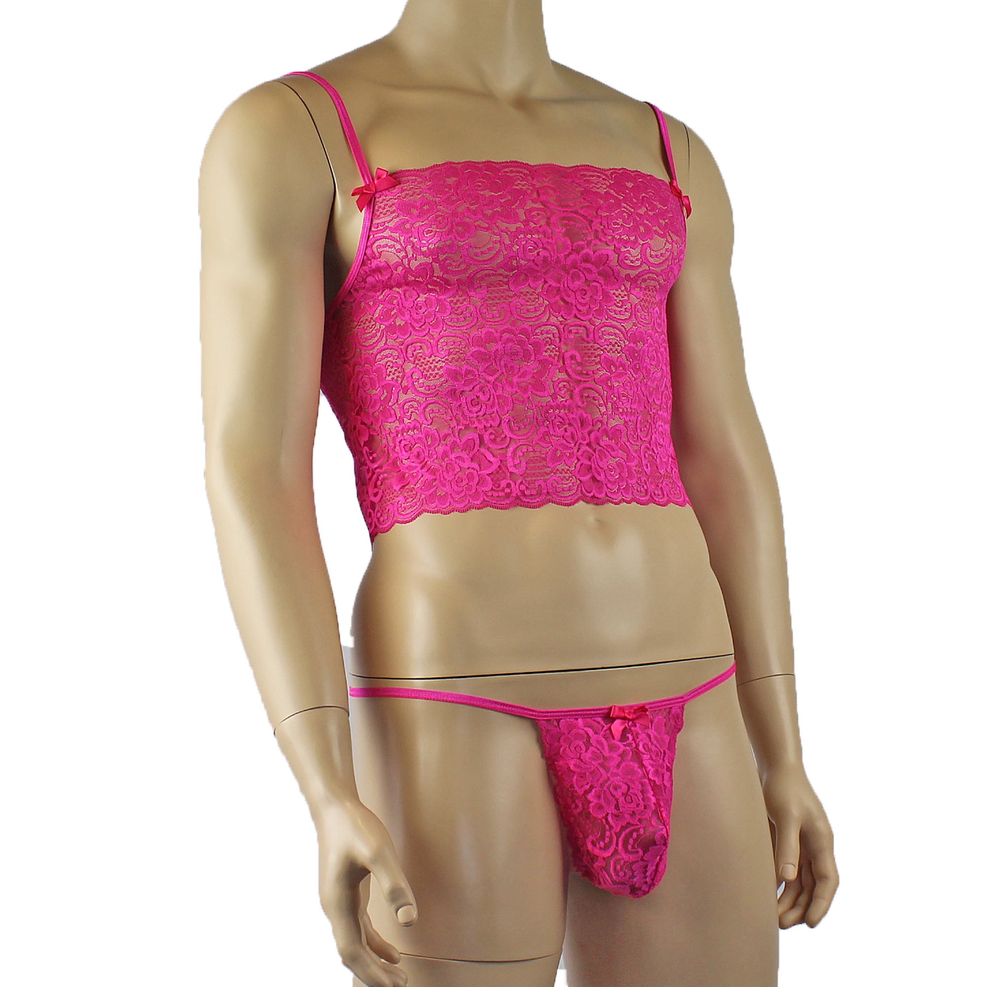 Mens Rebecca Pretty Floral Lingerie Lace Camisole Top, Micro Mini Skirt and G string Hot Pink