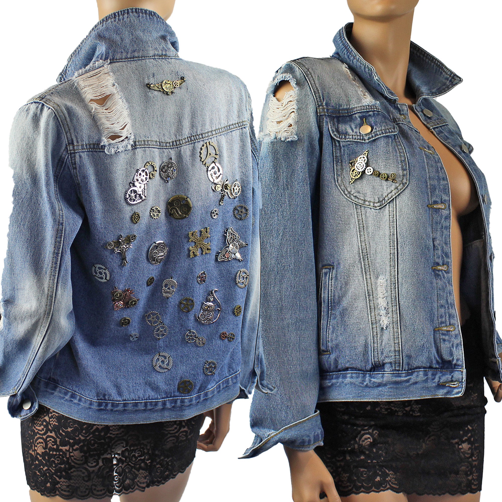 Jenni Re-Designed Denim Jacket with Metal Streampunk Embellishments & Distressed Look