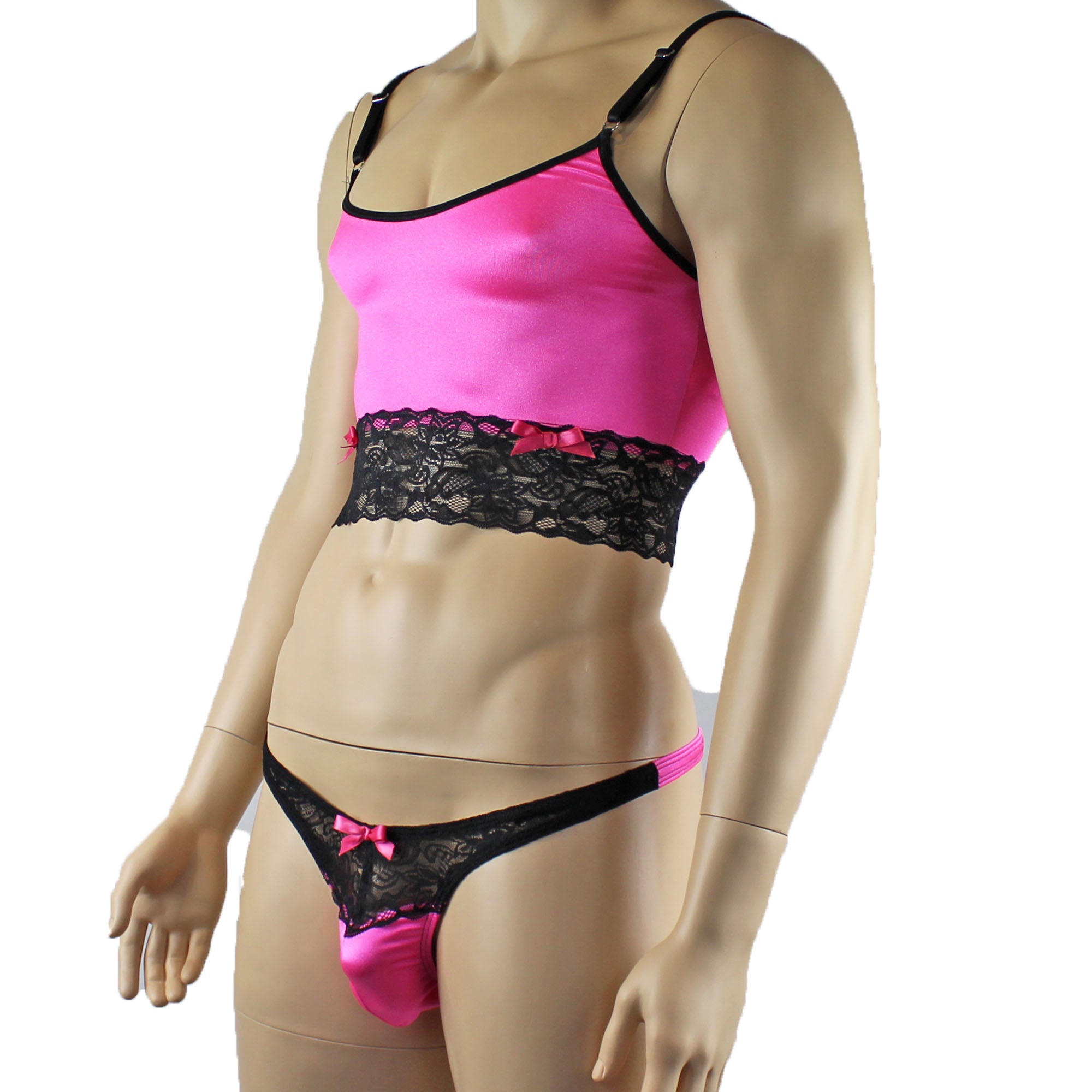 Mens Joanne Satin & Lace Crop Cami Top with Sexy Thong - Sizes up to 3XL Hot Pink and Black Lace