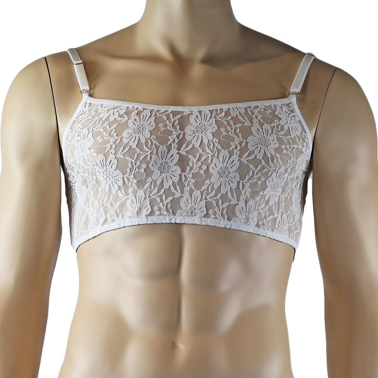 Mens Sexy Lace Crop Bra Top Camisole and Male Lingerie G string White