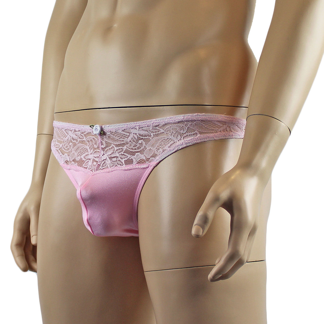 Male Penny Lingerie Stretch Spandex Capri Bikini with Lace Light Pink
