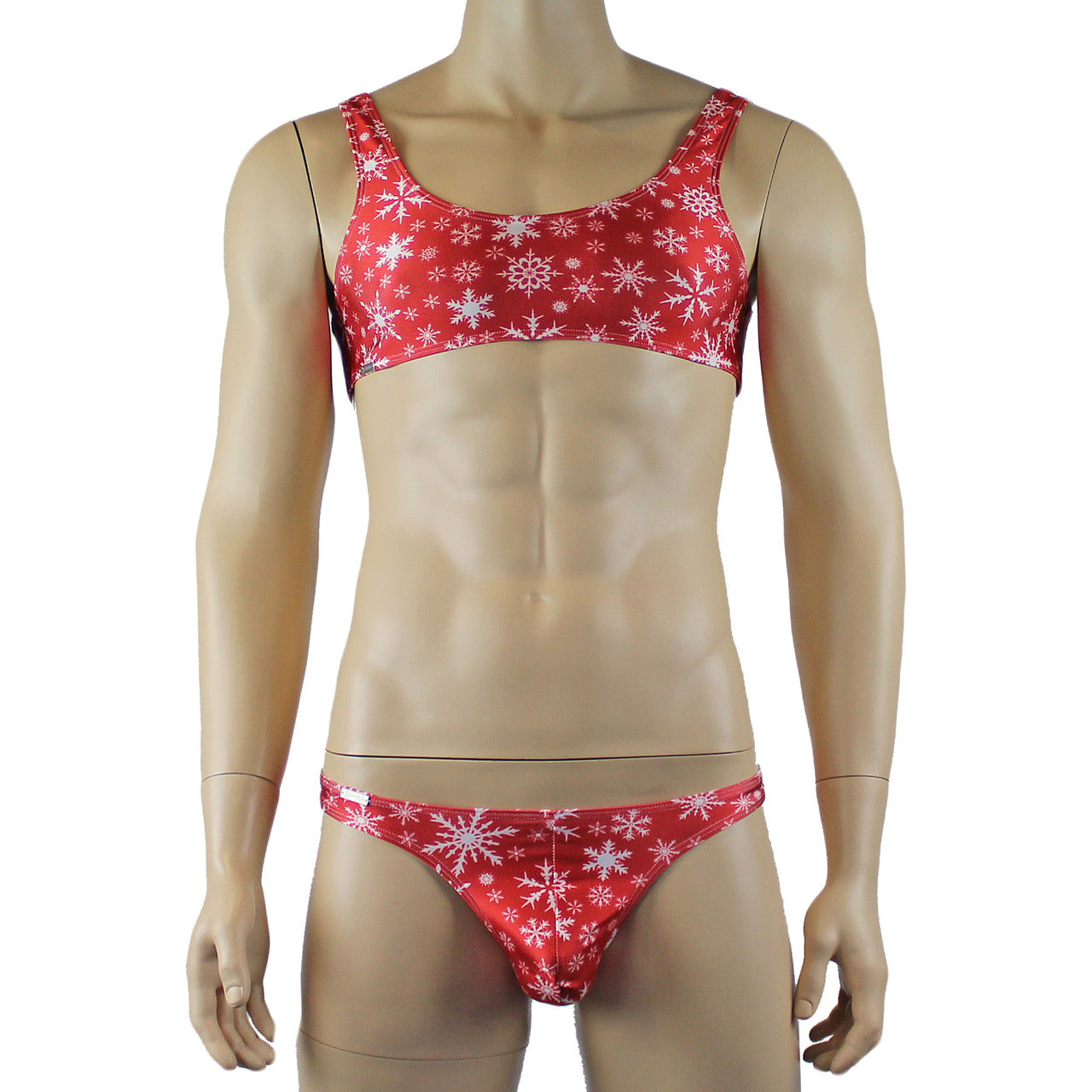 Mens Christmas Snowflake Bra Top & Low Cut Thong Red and White