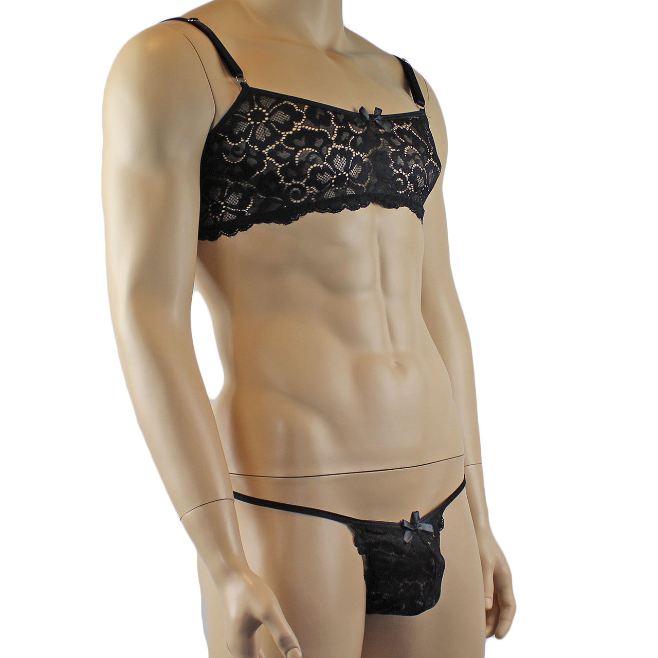 Mens Sweetheart Scalloped Shiny Lace Bra Top and Panty Black