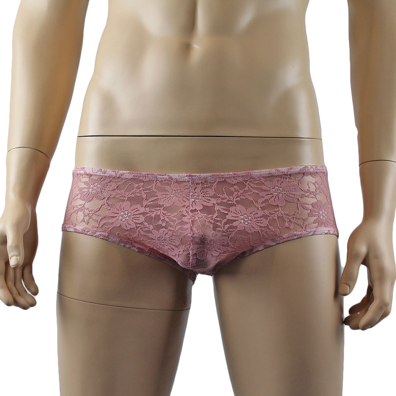 Mens Sexy Lingerie Stretch Lace Male Panty Bikini Brief Dusty Pink