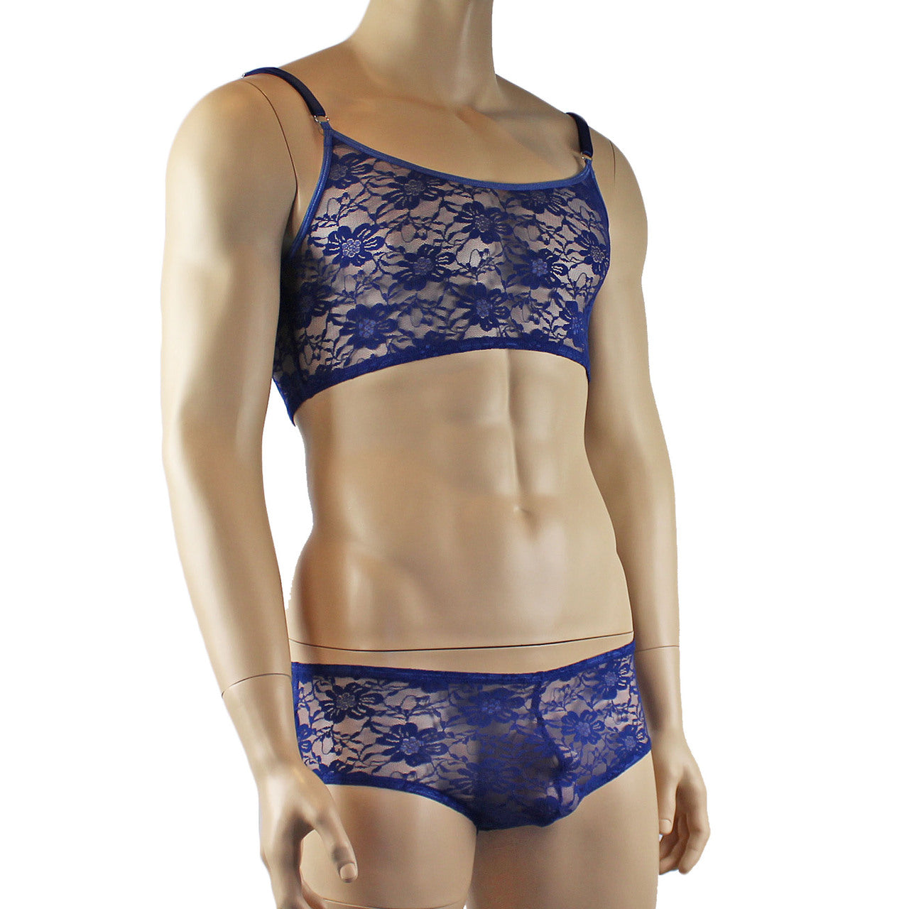 LAST ORDERS - Mens Sexy Lace Crop Bra Top Camisole and Male Lingerie Panty Briefs Navy