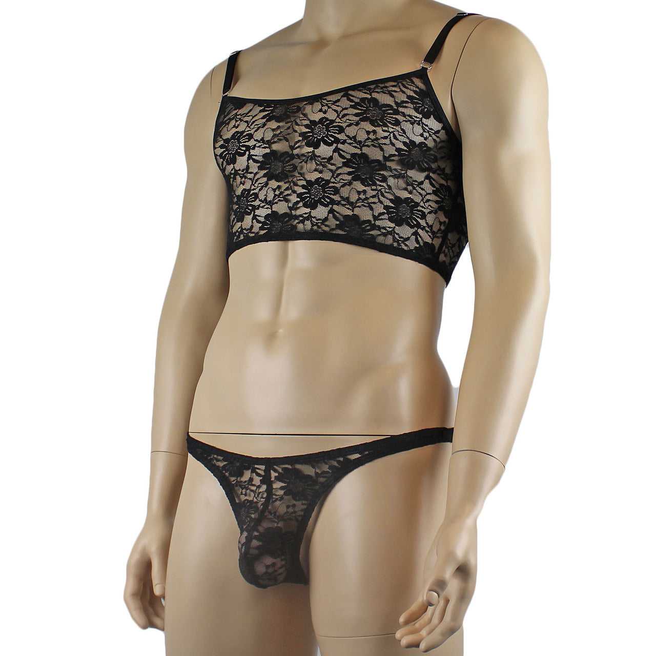 Mens Sexy Lace Crop Top Bra and Matching Lace Thong Black