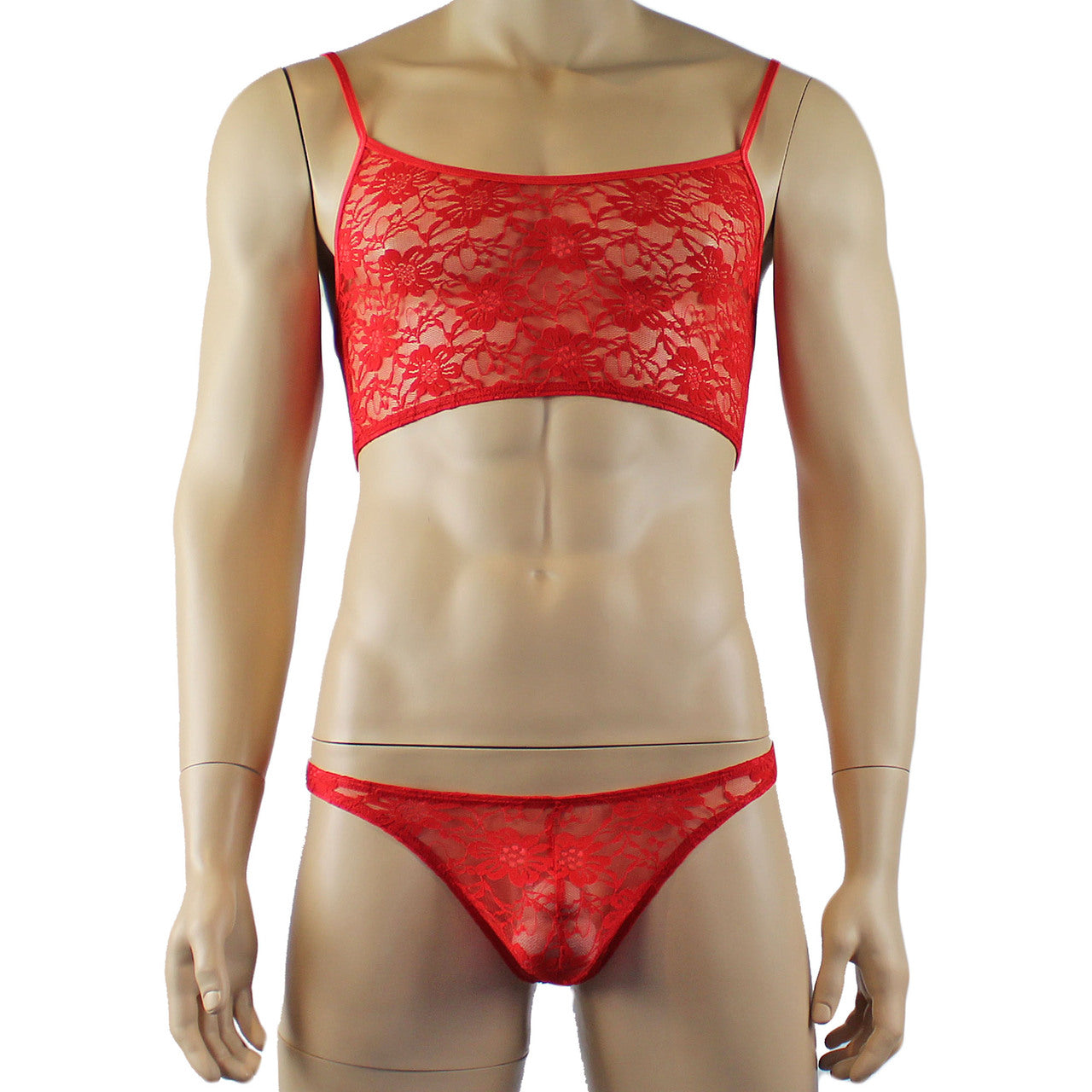 Mens Sexy Lace Crop Top Bra and Matching Lace Thong Red