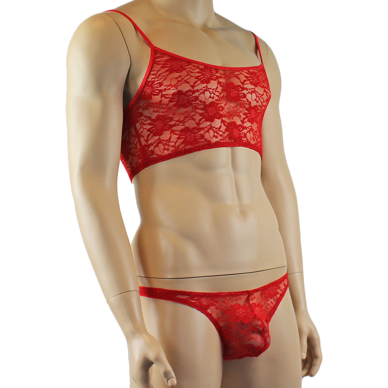 Mens Sexy Lace Crop Top Bra and Matching Lace Thong Red