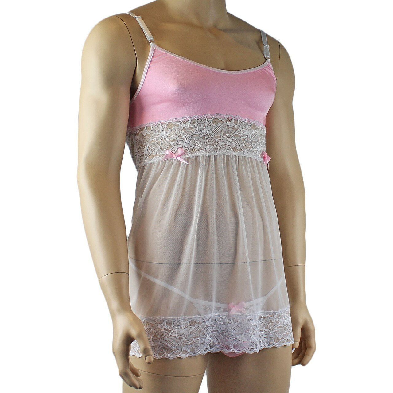 Mens Joanne Sexy Lingerie Babydoll with G string - Sizes up to 3XL (light pink & white plus other colours)