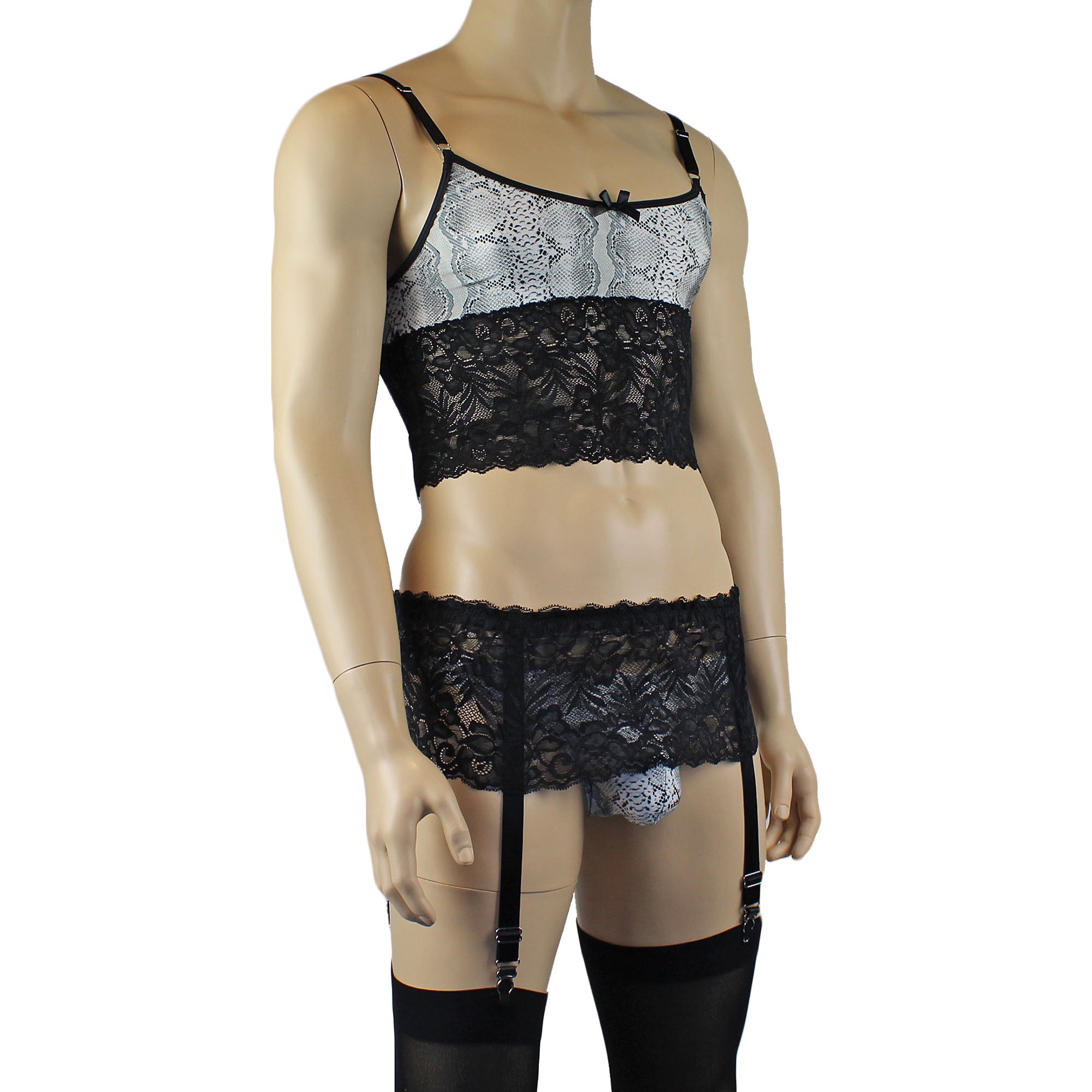 Mens Grey Snake Print & Black Lace Mens Bra Top Camisole, Thong, Garter & Stockings
