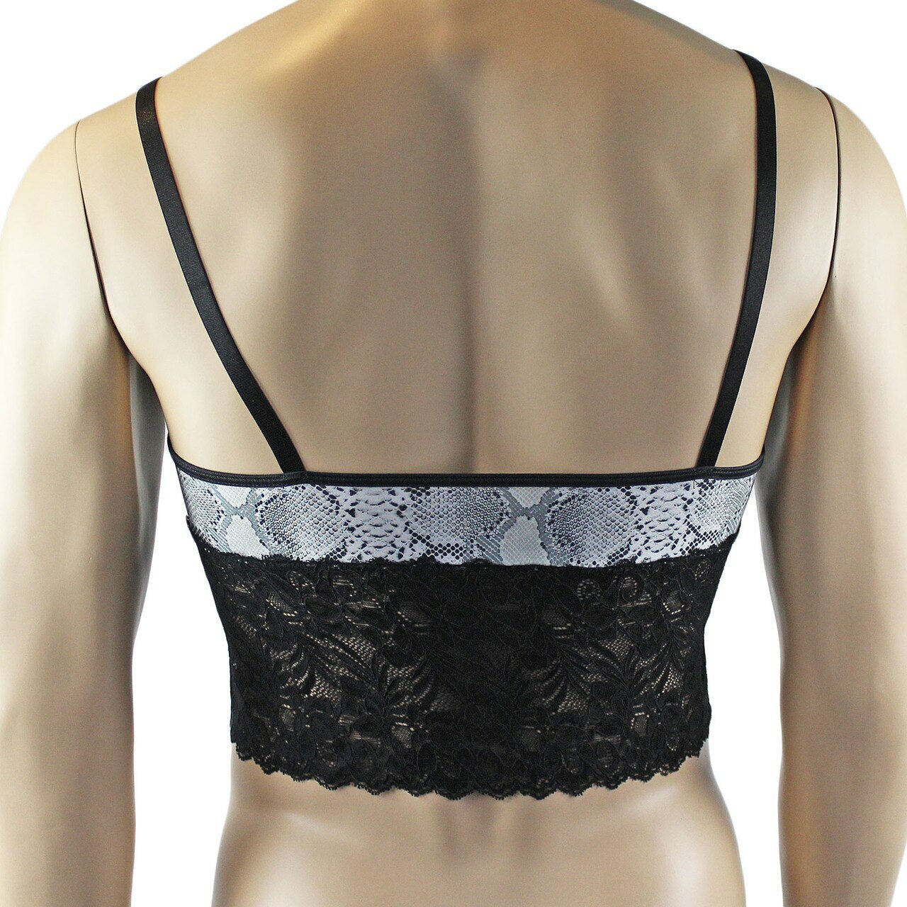 Mens Grey Snake Print & Black Lace Mens Bra Top Camisole and Thong