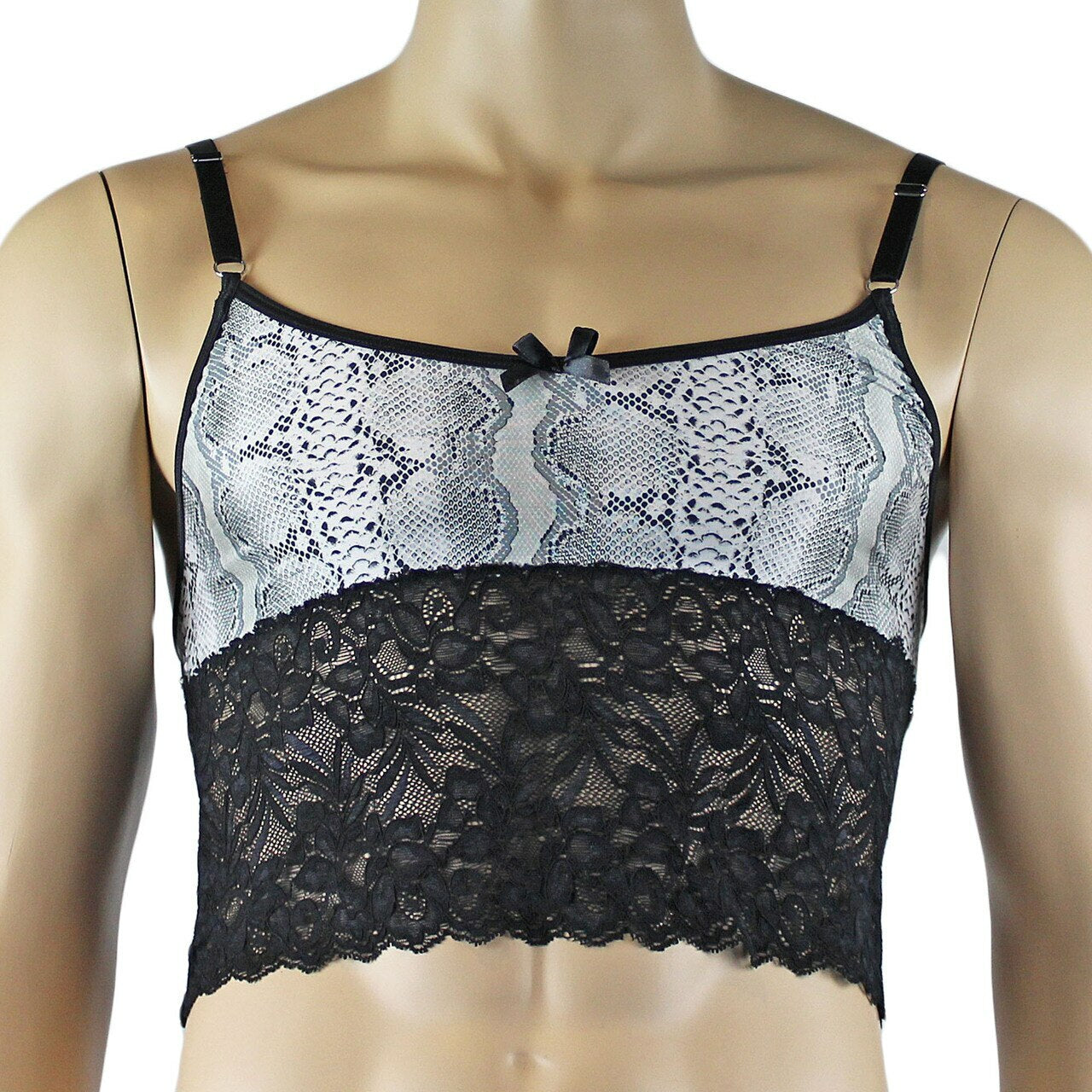 Mens Grey Snake Print & Black Lace Mens Bra Top Camisole and Thong