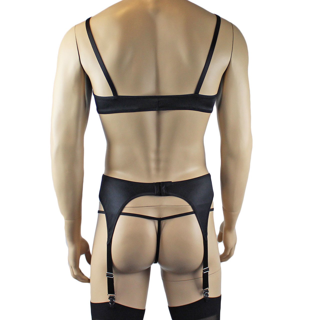 Mens Satin Bra Top, G string and Garterbelt Lingerie Black