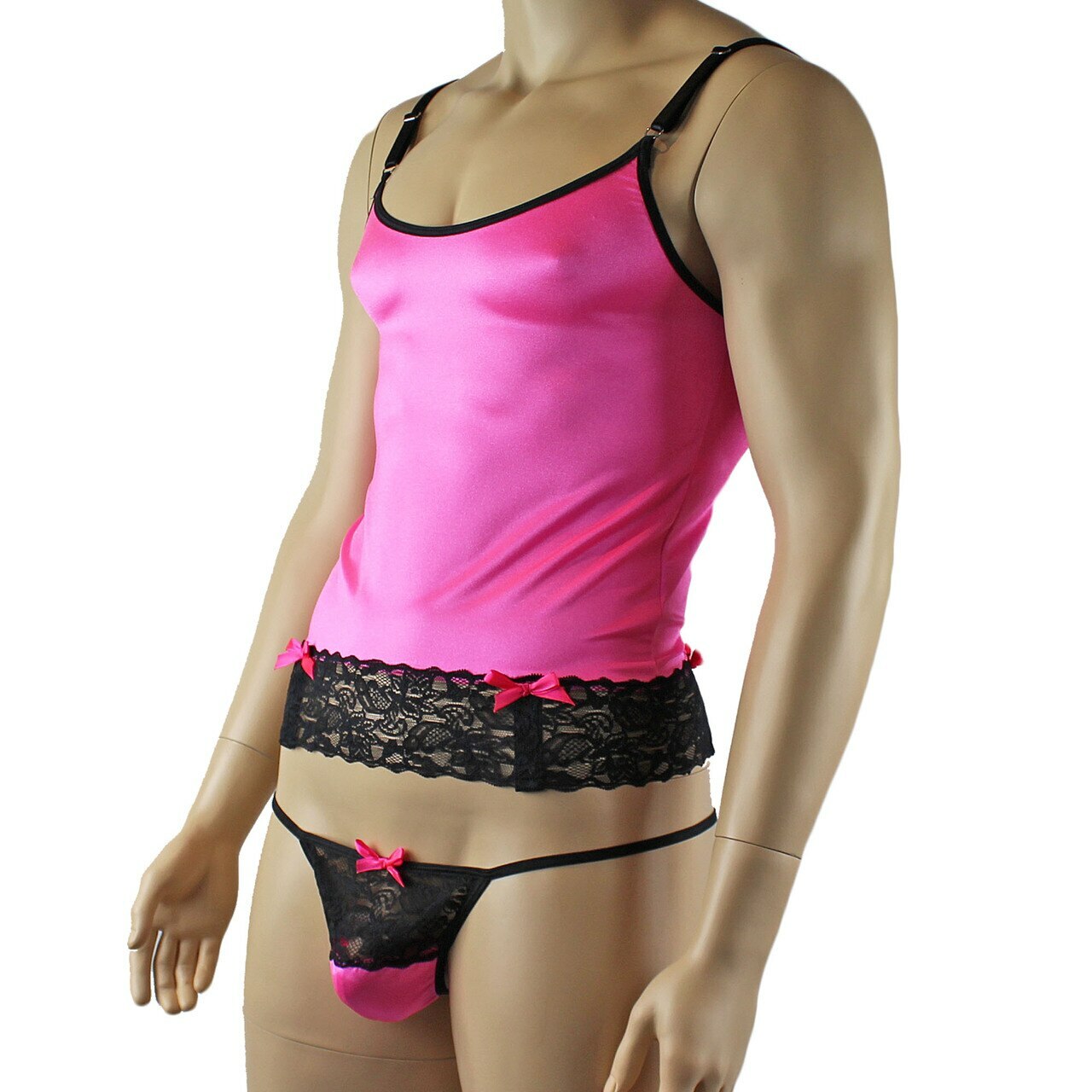 Mens Joanne Camisole Bustier Garter Top with Pouch G string & Stockings - Sizes up to 3XL Hot Pink and Black Lace