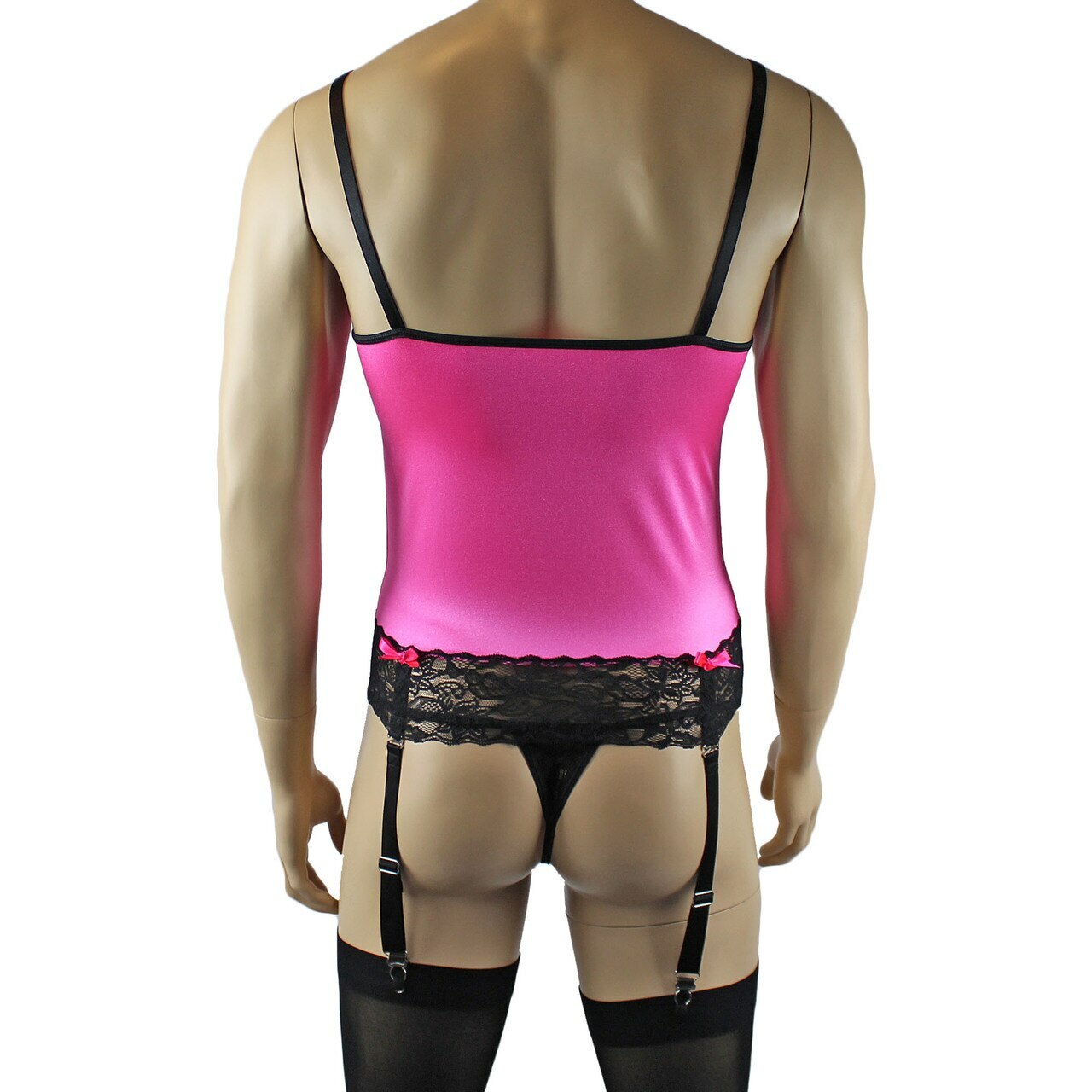 Mens Joanne Camisole Bustier Garter Top with Pouch G string & Stockings - Sizes up to 3XL Hot Pink and Black Lace