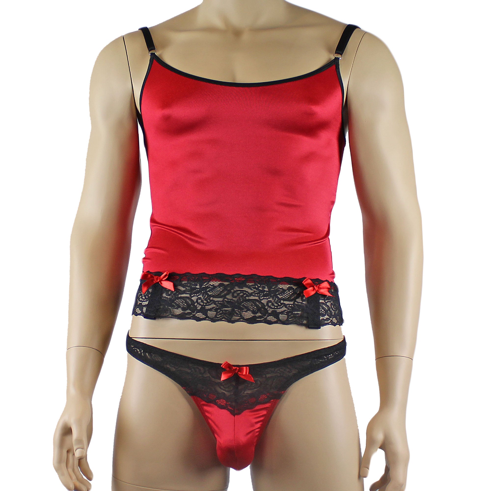 Mens Joanne Camisole Bustier Garter Top with Thong & Stockings - Sizes up to 3XL Red and Black Lace