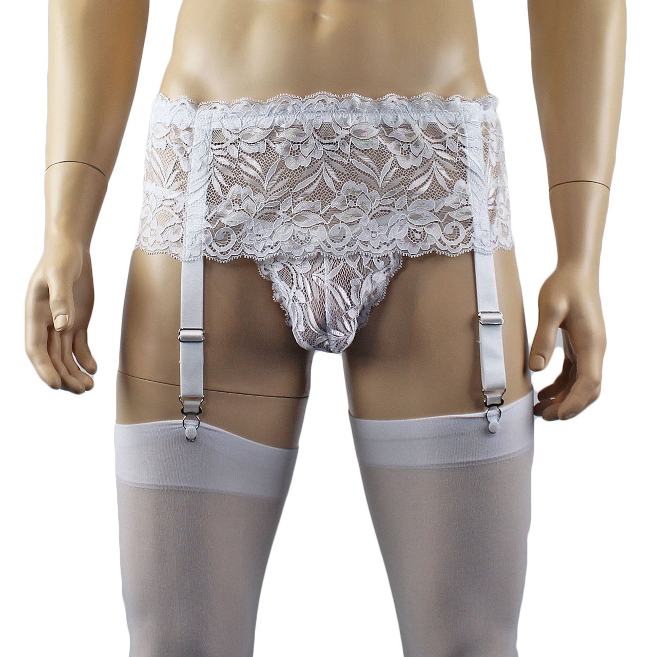 Mens Sexy Lace Bikini Brief, Garterbelt & Stockings (white plus other colours)