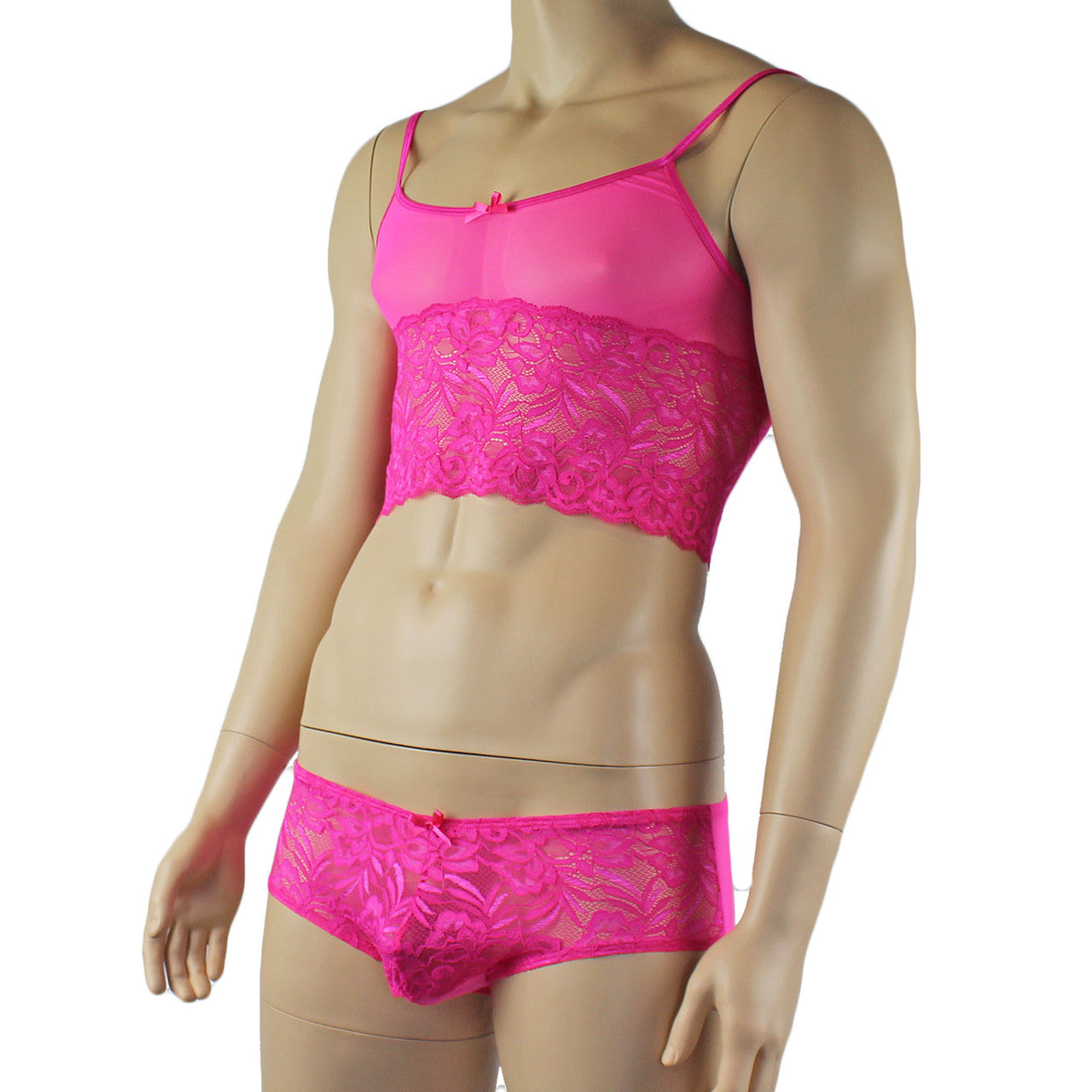 Mens Kristy Sexy Lace Camisole Top and Panty Brief Hot Pink