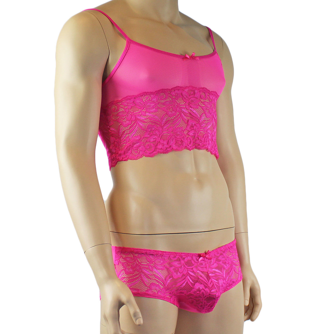 Mens Kristy Sexy Lace Camisole Top and Panty Brief Hot Pink