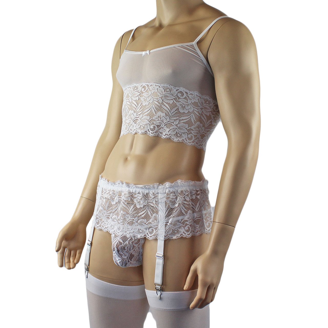 Mens Sexy Camisole, Pouch G string, Garterbelt & Stockings (white plus other colours)