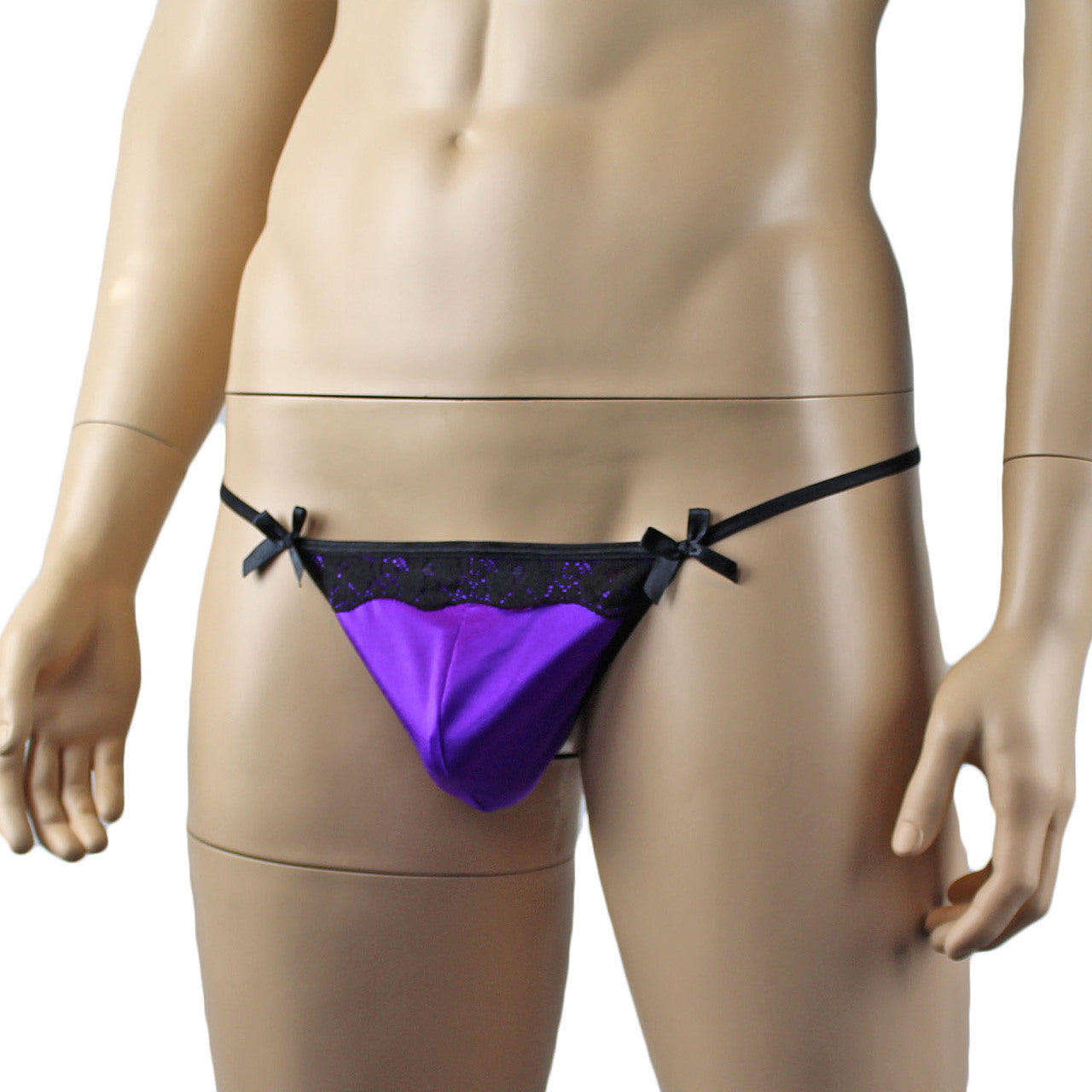 Mens Lucy Feminine Satin, Lace and Bow Pouch G string Purple and Black