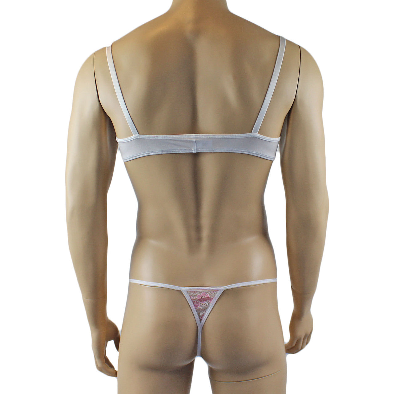 Mens Luxury Spandex & Lace Bra Top and G string White