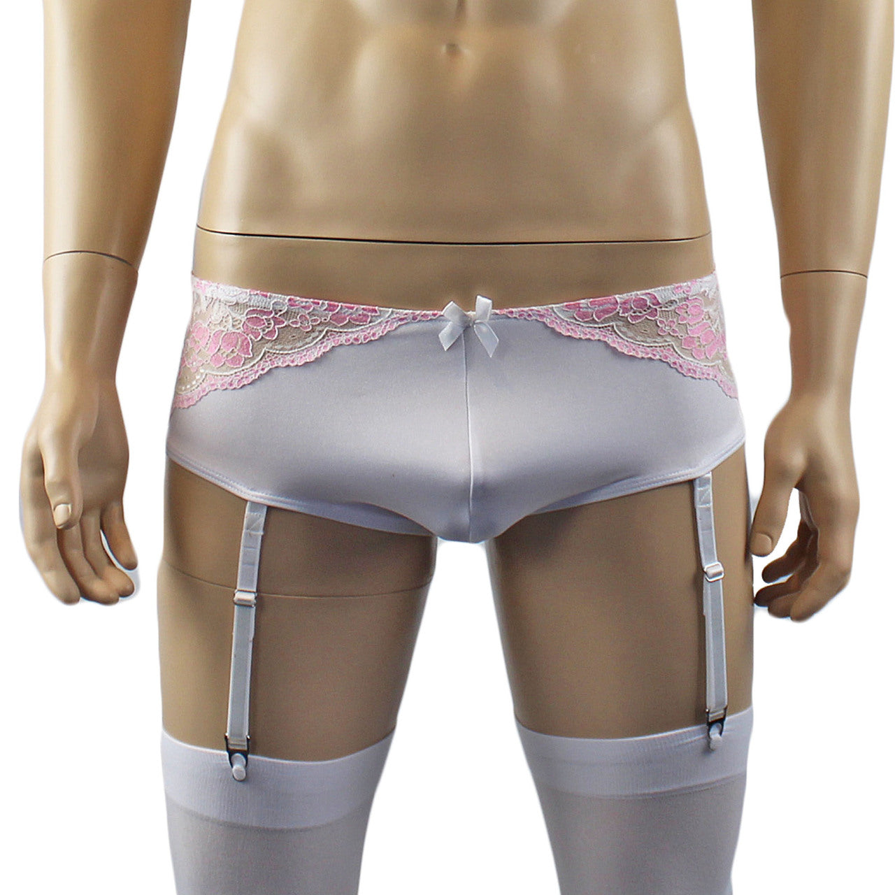 Mens Luxury Bra Top and Boxer Brief with Garters & Stockings White
