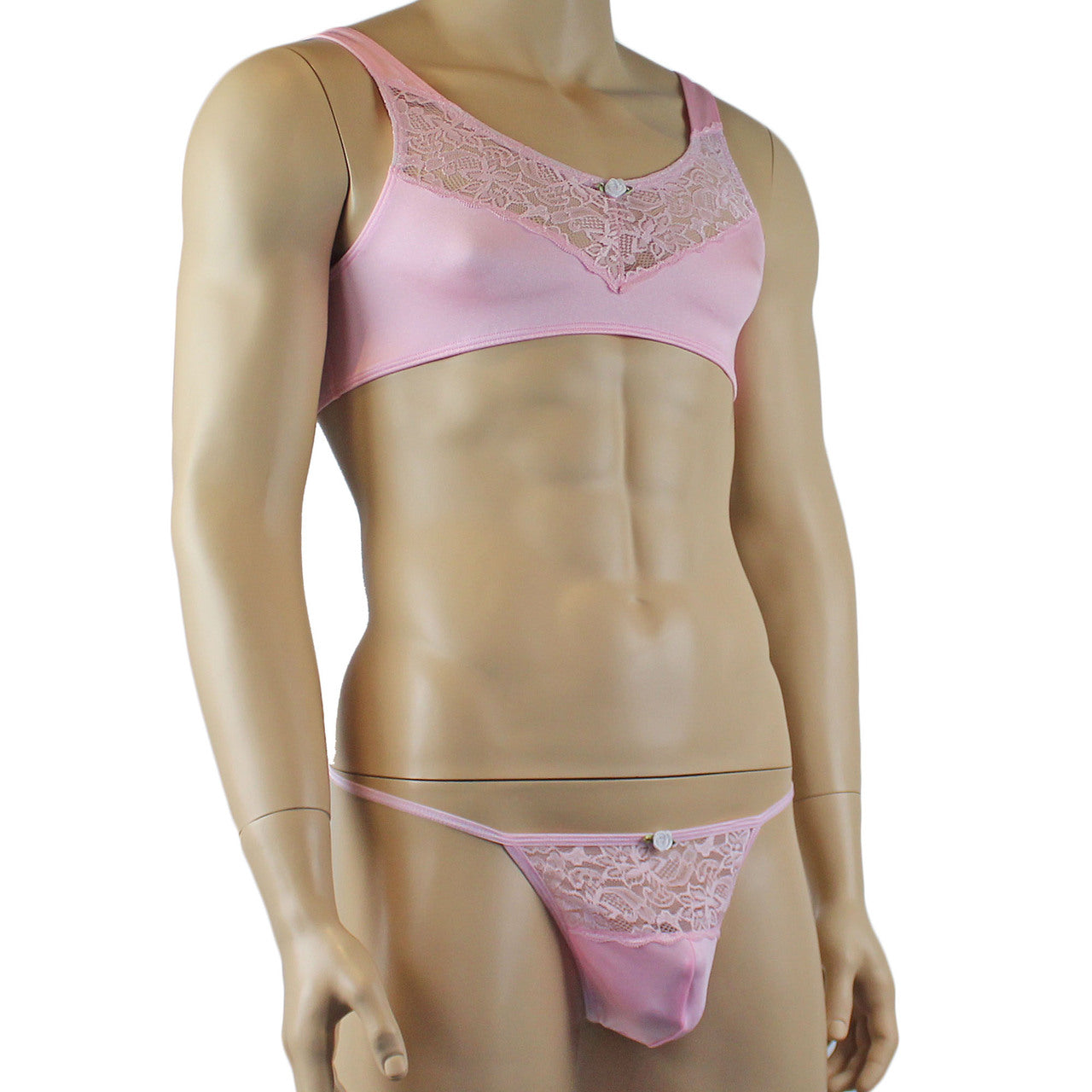 Male Penny Lingerie Bra Top with V Lace front and Pouch G string Light Pink