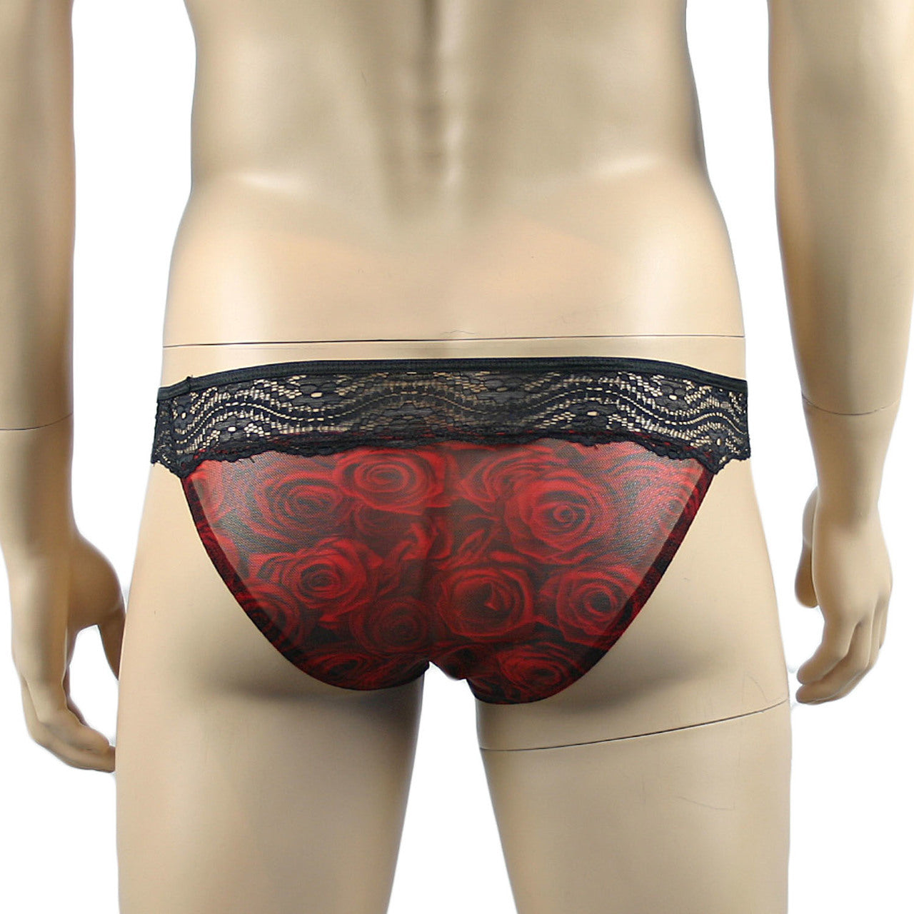 Mens Roses Bikini Brief, Sexy Sheer Lingerie Underwear Red and Black Lace