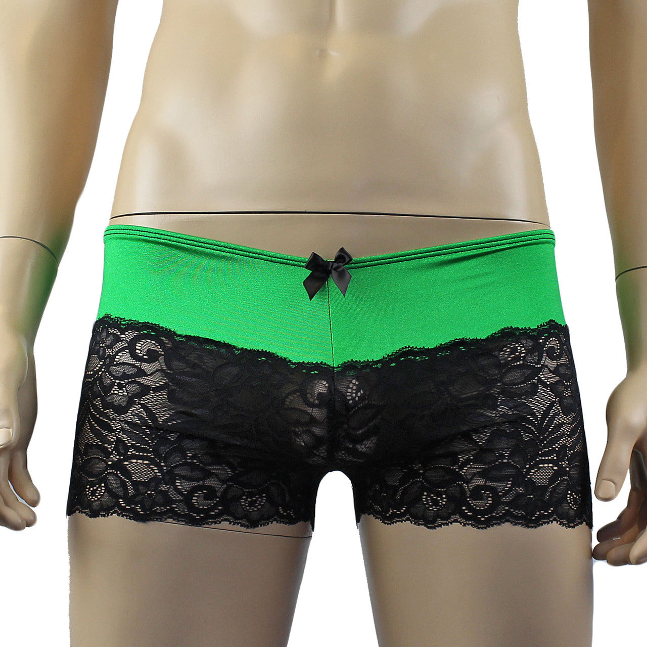 Mens Risque Boxer Briefs with Detachable Garters & Stockings Green and Black Lace