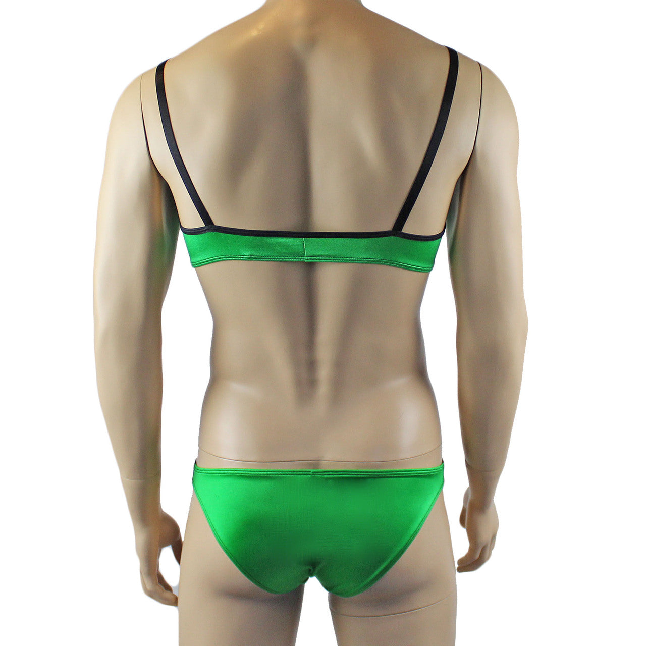 Mens Risque Bra Top and Bikini Brief Green and Black Lace
