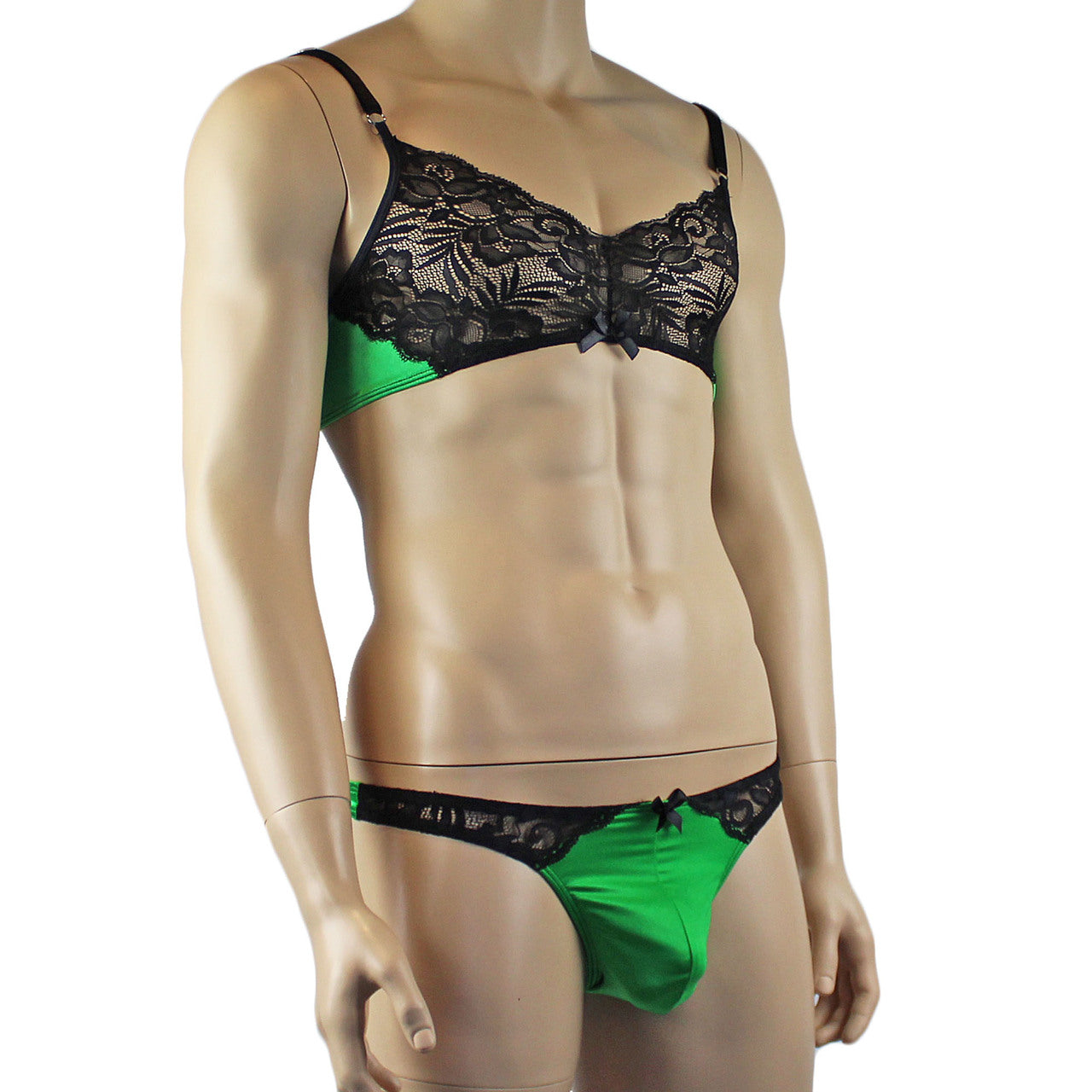 Mens Risque Bra Top and Thong Green and Black Lace
