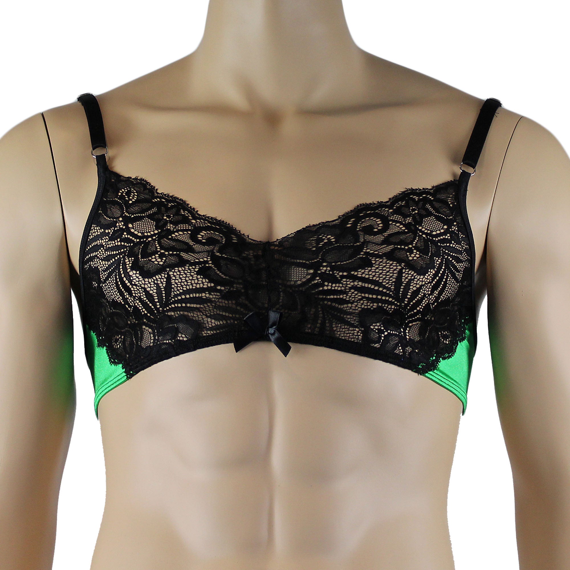 Mens Risque Bra Top, G string and Garterbelt Green and Black Lace