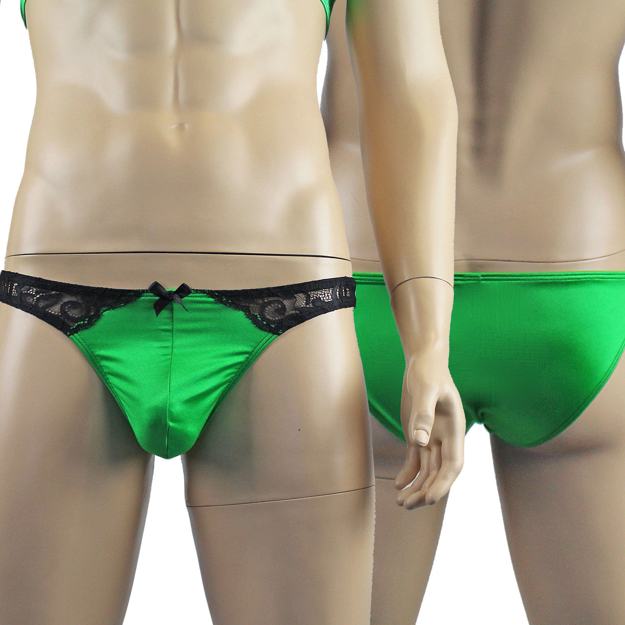 Mens Risque Bra Top and Bikini Brief Green and Black Lace