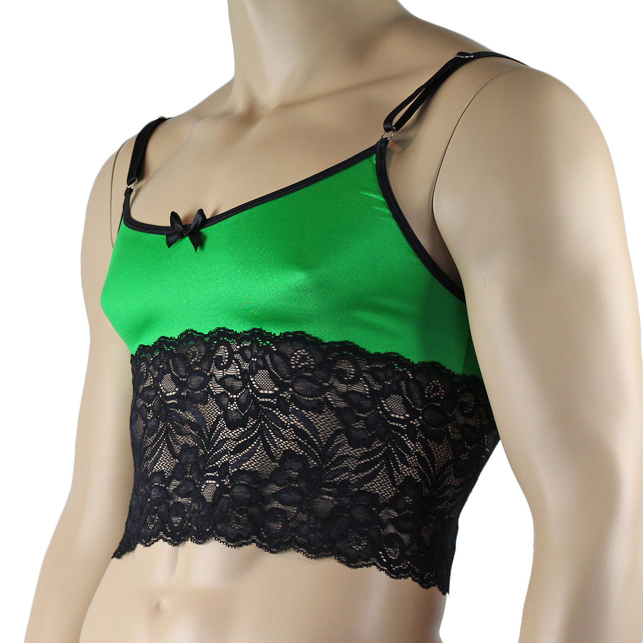 Mens Risque Camisole Bra Top with Wide Lace Trim Green and Black Lace