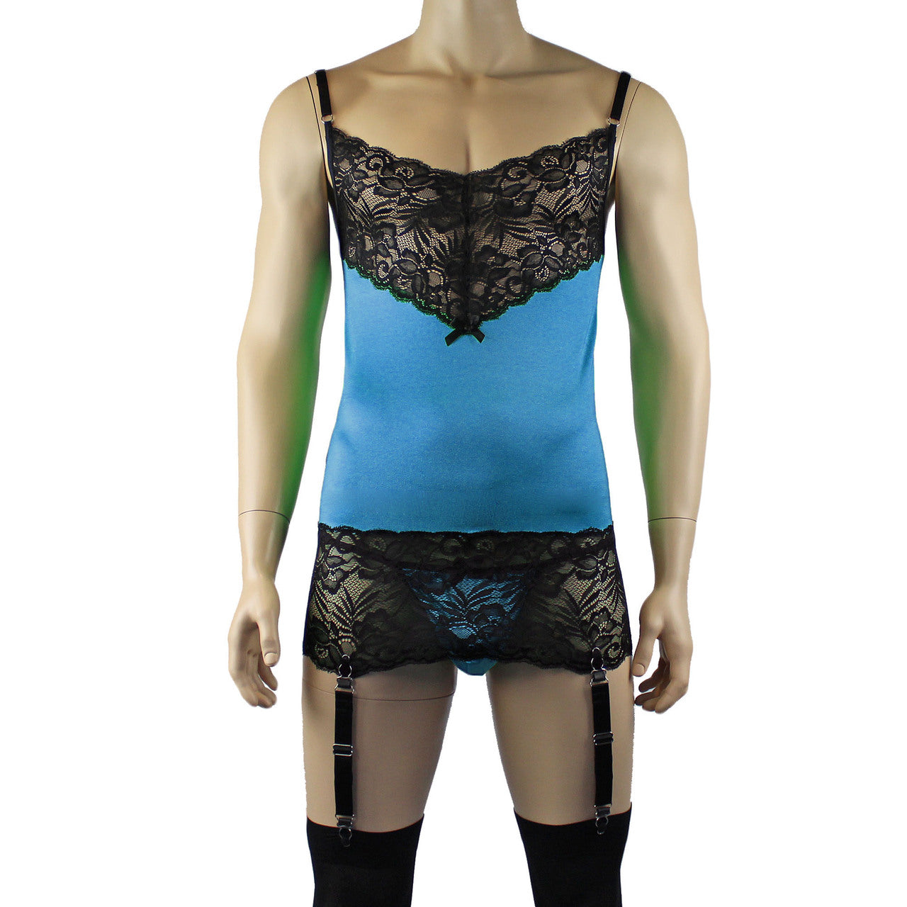 Mens Risque Camisole Mini Dress Chemise, G string & Stockings Teal and Black Lace