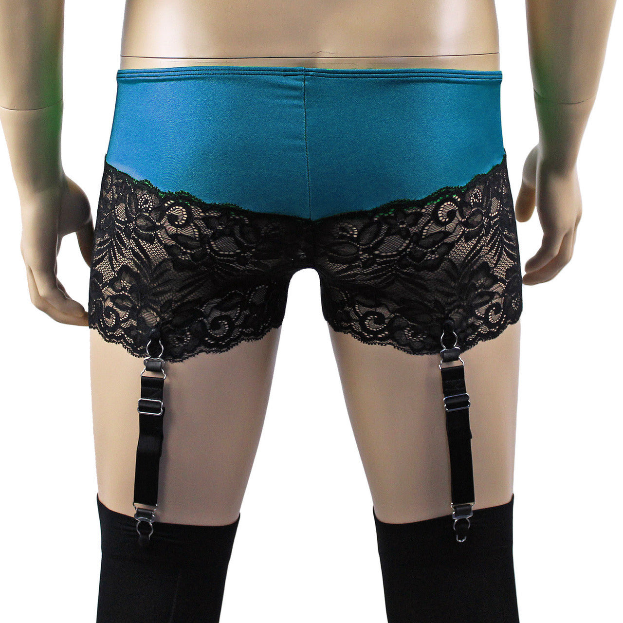 Mens Risque Boxer Briefs with Detachable Garters & Stockings Teal and Black Lace