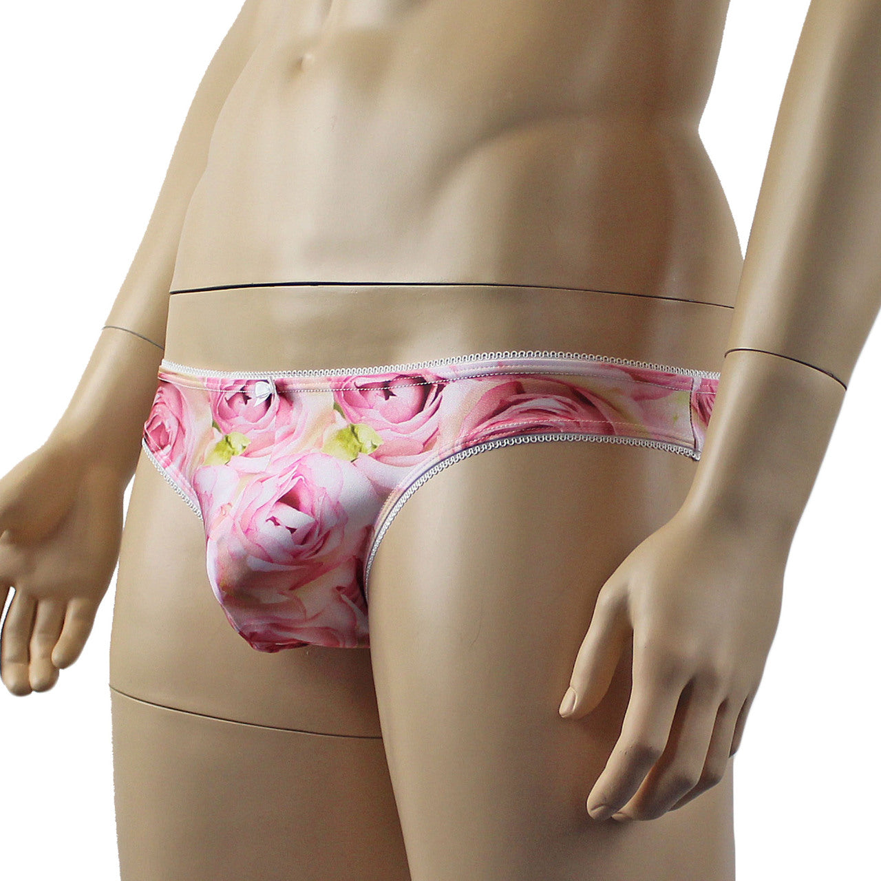 Mens Roses Stretch Spandex Panty Brief with Decorative Pico Elastic Pink