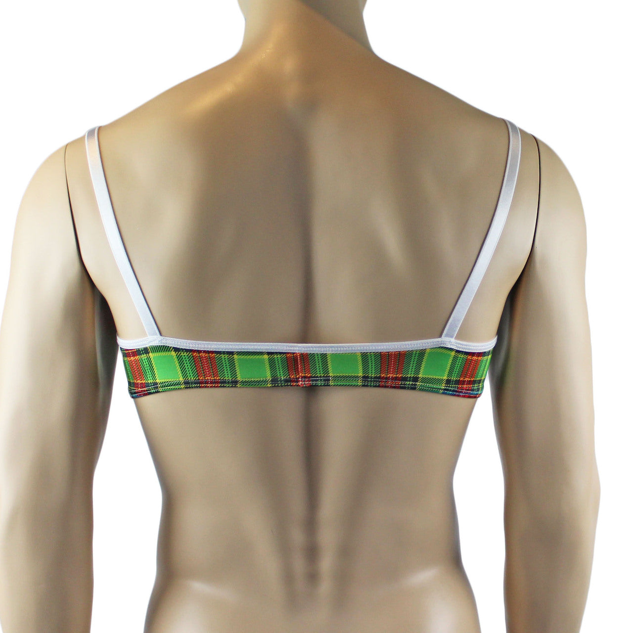 Mens Plaid Tartan Bra Top with floral Lace Detail Green and Red