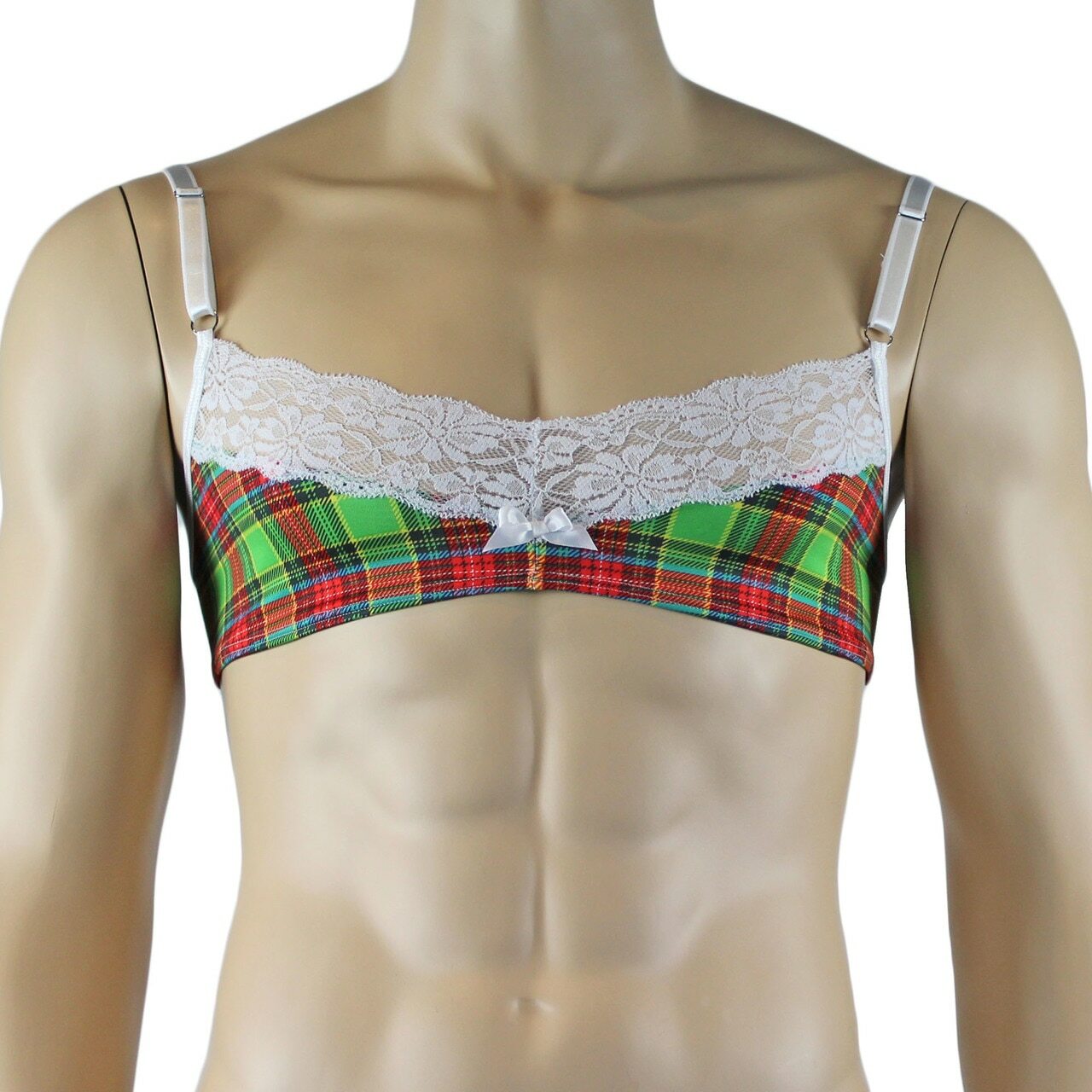 Mens Plaid Tartan Bra Top & High Waist Thong Green and Red