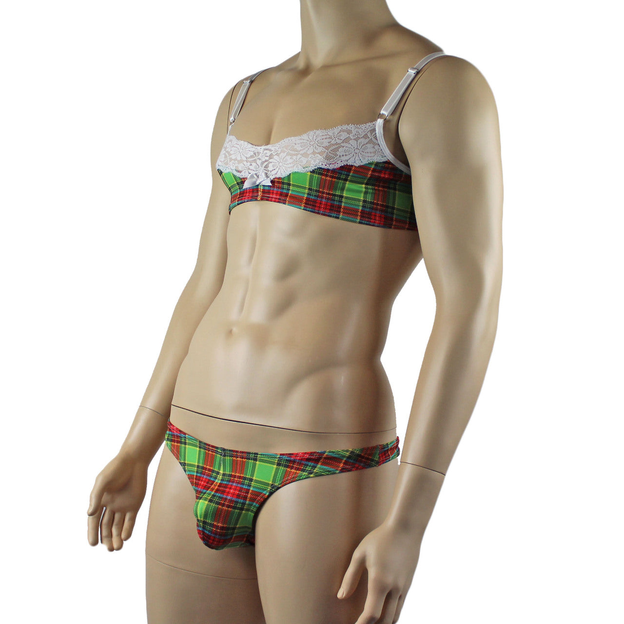 Mens Plaid Tartan Bra Top & Low Waist Thong Green and Red